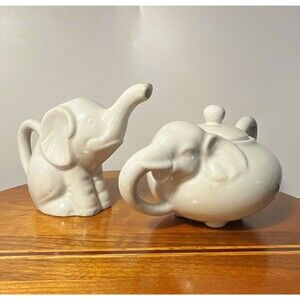 Adorable Elephant Tea Set: White Ceramic Sugar Bo w/ Lid & Matching Creamer, 2pc